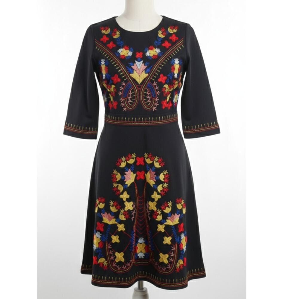Lai Meng Five Cats Embroidered Dress Black Red Yellow Blue Asian Floral Small
